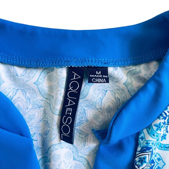 Aqua Et Sol Tunic Swim Cover Up Womens Medium Blue Tile Print UPF 50 Beach Pool - Picture 3 of 9